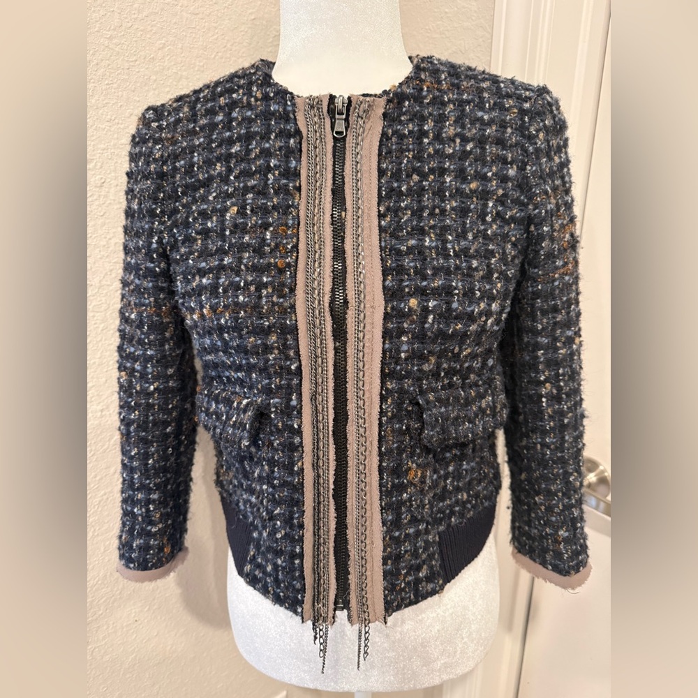 LOFT Navy Tweed Zip-Front Bomber Jacket Petite Cropped